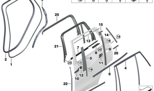 Embellecedor marco ventana puerta trasera derecha OEM 51427445510 para BMW X7 {G07,G07N}. Original BMW.