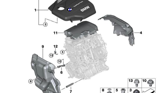 Soporte de cubierta motor OEM 11148581112 para BMW F20, F21, F22, F23, F30, F31, F34, F32, F33, F36, F10, F11, G30, G31, G11, G12, F25, G01, F26, G02, F15. Original BMW.