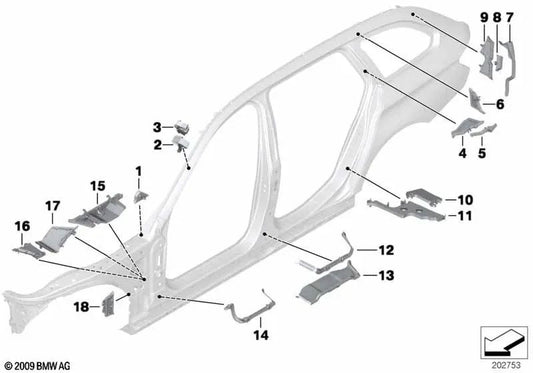 Peça moldada de pilar para baixo à direita externa da série BMW 5 F10, F11, F18 (OEM 41217186356). BMW original
