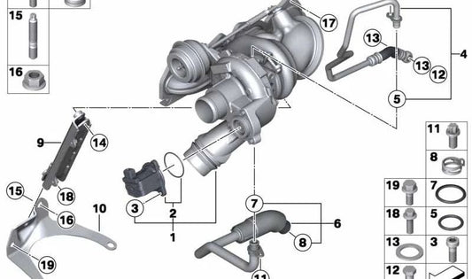 Tornillo prisionero OEM 11657619369 para BMW F20, F21, F30, F31, F35. Pieza del sistema del turbocompresor. Original BMW.