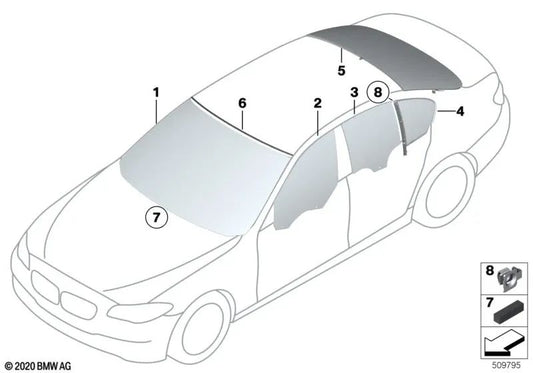 Green side glass front left door for BMW F10, F11 (OEM 51337182109). Original BMW