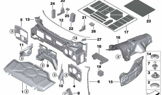 Aislante acústico puerta delantera izquierda OEM 51487343217 para BMW X5 (F15, F85) y X6 (F16, F86). Original BMW.