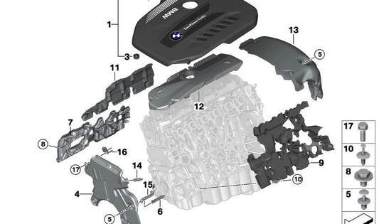 Cubierta acústica del motor delantera OEM 11148574044 para BMW G20, G21, G30, G31, G32, G11, G12, G14, G15, G16, G01, G02, G05, G06, G07. Original BMW.