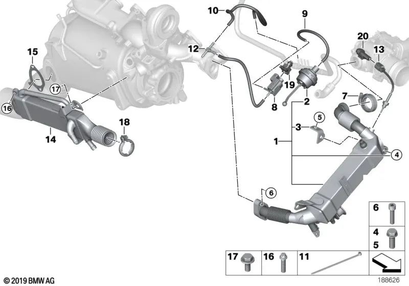 Enfriador de gases de escape para BMW E70, E70N (OEM 11717807927). Original BMW