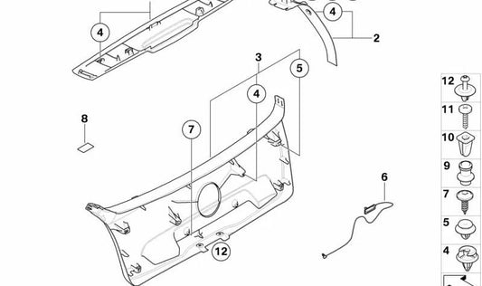 Left interior lining of the OEM rear gate 51497074687 for BMW E81, E87. Original BMW.