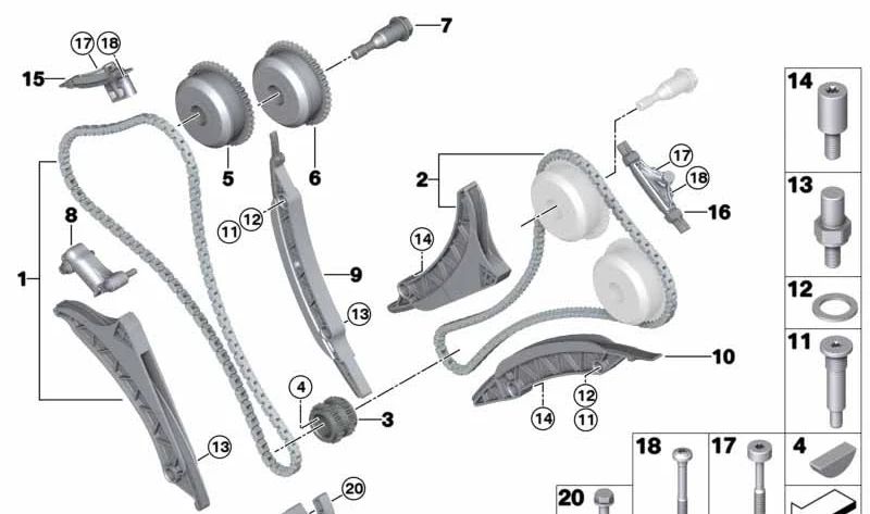 Cadena de distribución con guía de tensión OEM 11318658027 para BMW F07, F10, F11, F90, G30, G31, G90, F06, F12, F13, F01, F02, G11, G12, G70, F91, F92, F93, G14, G15, G16, F15, G05, F85, F95, F16, G06, F86, F96, G07, G09. Original BMW.
