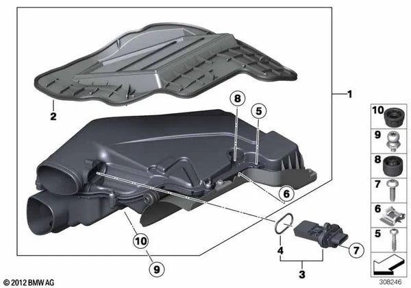 Amortiguador de ruido de admisión para BMW F07, F10N Series 6 F06, F12, F13 Series 7 F01N, F02N (OEM 13717601906). Original BMW.