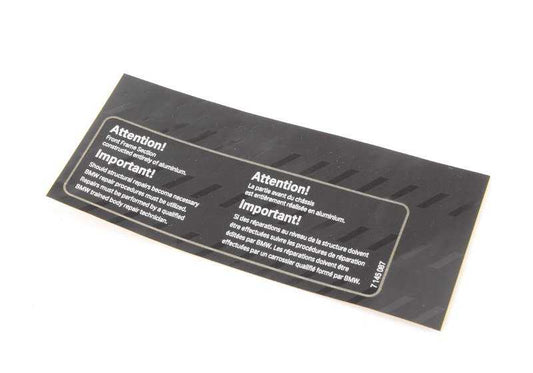 Placa aviso reparación aluminio OEM 71217145087 para BMW E60, E61, E63, E64. Original BMW.