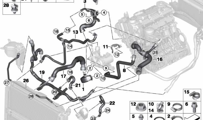 Tubo retorno calefacción al termostato OEM 17127552408 para BMW E82, E88, E90, E91, E92, E93. Compatible con motores N43. Original BMW.