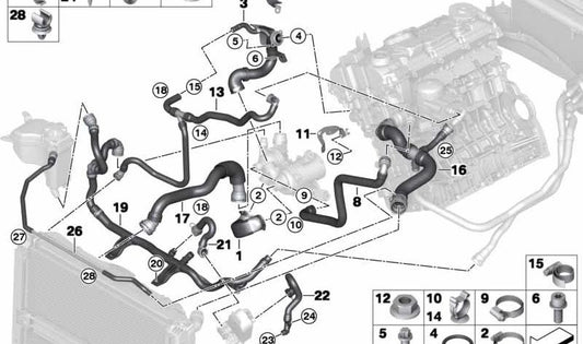 Tubo retorno calefacción al termostato OEM 17127552408 para BMW E82, E88, E90, E91, E92, E93. Compatible con motores N43. Original BMW.