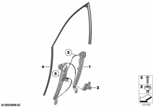 Front left door window guide for BMW F10, F11, F18 (OEM 51337182273). Original BMW.