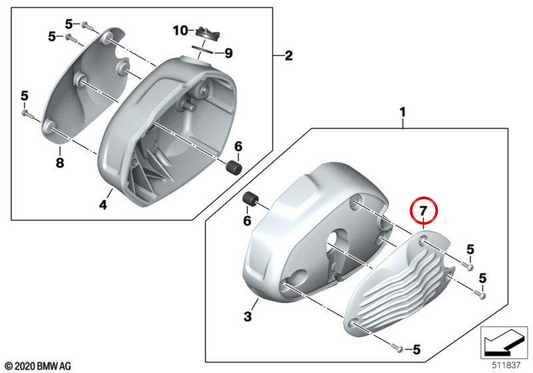 Left 2V cylinder head cover cap OEM 77128565737 for BMW R nineT, R nineT Pure, R nineT Scrambler, R nineT Racer, R nineT Urban G/S motorcycles. Original BMW Motorrad.