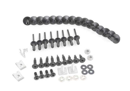 Kit de tornillos fijación parachoques delantero OEM 51112293997 para BMW E46. Incluye grapas, tornillos, tuercas, arandelas y accesorios completos. Original BMW.