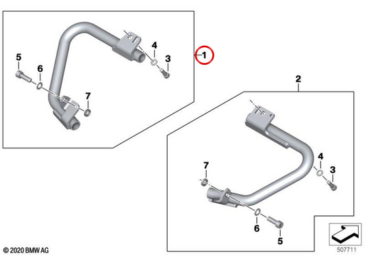 Left engine protector OEM 77147700463 for BMW Motorrad K 1600 GT and K 1600 GTL (K48). Original BMW Motorrad.