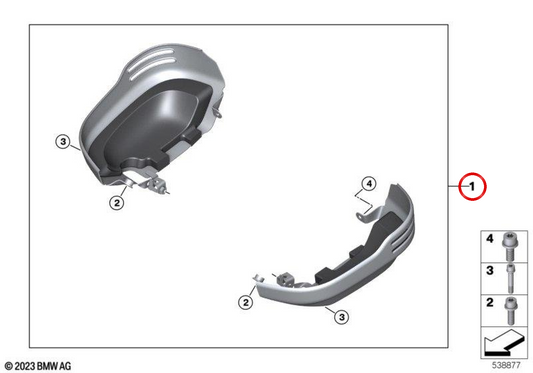 Set of OEM cylinder head cover protectors 77148829298 for BMW Motorrad R 12 nineT, R 12 nineT A2, R 12 and R 12 G/S. Original BMW Motorrad