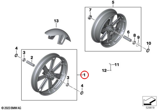 Roda dianteira forjada de 19" OEM 77219457416 para motocicletas BMW R 18, R 18 Classic, R 18 B, R 18 Transcontinental. Original BMW Motorrad.