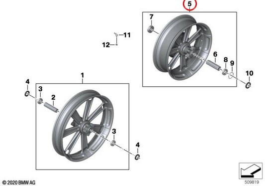 Ruota posteriore forgiata 5x16 OEM 77219457422 per moto BMW R 18, R 18 Classic, R 18 B, R 18 Transcontinental. BMW Motorrad originale.