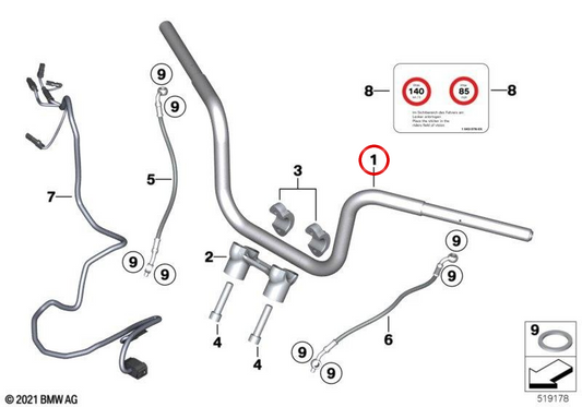 Apehanger 6.5" black handlebar OEM 77229457410 for BMW Motorrad R 18 and R 18 Classic motorcycles. Original BMW Motorrad
