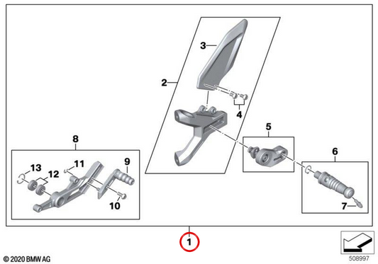 Left M rider footpeg system OEM 77251540005 for BMW S 1000 RR K67 (2019-2024). Original BMW Motorrad.