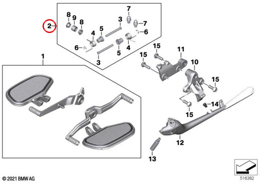 Jogo de montagem do apoio de pés do condutor OEM 77251687678 para motos BMW R18, R18 Classic, R18 Roctane, R18 B, R18 Transcontinental. Original BMW Motorrad.
