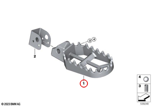 Left passenger footpeg OEM 77255A63C97 for BMW Motorrad F 750 GS, F 800 GS, F 850 GS, F 900 GS, F 850 GS Adventure, F 900 GS Adventure. Original BMW Motorrad.
