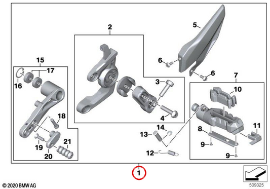 Sistema pedana sinistra OEM 77255A73E43 per moto BMW S 1000 XR (K69), M 1000 XR (KM9). BMW Motorrad originale.