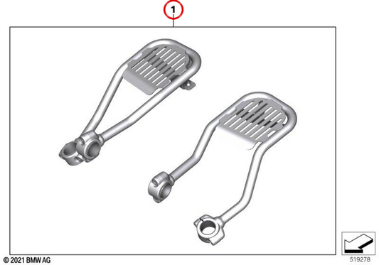 Jogo de apoio para as pernas do condutor preto OEM 77255A8B250 para motos BMW R 18, R 18 Classic, R 18 Roctane, R 18 B, R 18 Transcontinental... e mais. Original BMW Motorrad.
