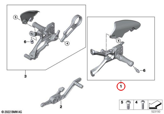 Left black anodized M rider footrest system OEM 77257108475 for BMW Motorrad M 1000 RR K66, S 1000 RR K67. Original BMW Motorrad.