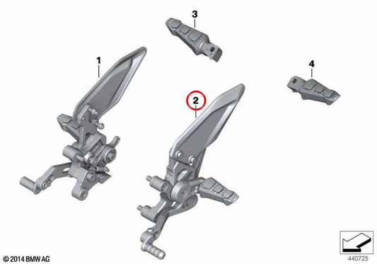 Conjunto de reposapiés HP izquierdo OEM 77258553929 para BMW Motorrad S 1000 XR (K49). Original BMW Motorrad.