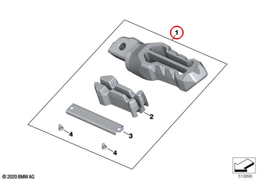 Right passenger footpeg M anodized silver OEM 77259457354 for BMW S 1000 XR, M 1000 XR… and more. Original BMW Motorrad