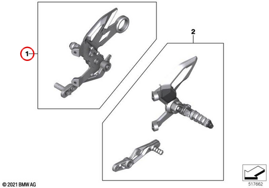 Rechte Fußrastenanlage OEM 77259830210 für BMW M 1000 R (K66), S 1000 R (K63) Motorräder. Original BMW Motorrad.