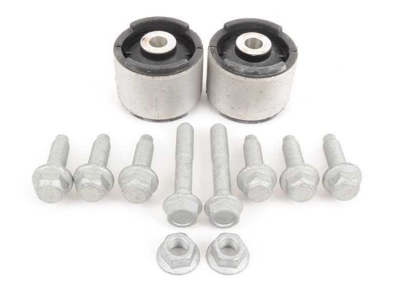 Repair Kit Rear longitudinal arm OEM 3352241455 for BMW E46, X3 E83. Includes screws, nuts and silentblocks. Original BMW.