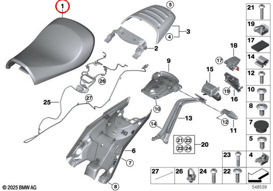 Siège conducteur Custom OEM 77345A76E02 pour motos BMW R 12, R nineT KR3 depuis 10/2023. Original BMW Motorrad.
