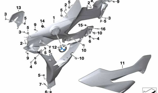 Panel lateral delantero izquierdo OEM 46637717169 para BMW Motorrad S 1000 XR (SK49, 2015–2019). Recambio original BMW Motorrad.
