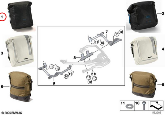 Rechte Seitentasche schwarz 15 l OEM 77405A0ED09 für BMW R nineT, G 310 GS und G 310 R Motorräder. Original BMW Motorrad