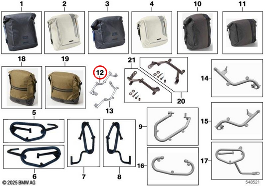 Soporte de bolsa lateral derecha OEM 77405A553A8 para motos BMW R 1200 R, R 1250 R, R 1200 RS, R 1250 RS. Original BMW Motorrad.
