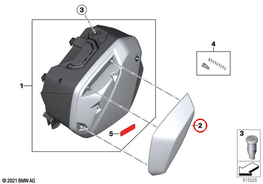 Linke Touring-Abdeckung blackstorm für Reisekoffer OEM 77411539579 für BMW Motorrad S 1000 XR K69 (2019-2025). Original BMW Motorrad.