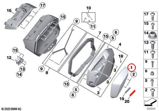 Touring-Abdeckung rechts blackstorm für Reise-Koffer OEM 77411539580 für BMW S 1000 XR (K69, 2019-2023), S 1000 XR 24 (K69, ab 2023). Original BMW Motorrad
