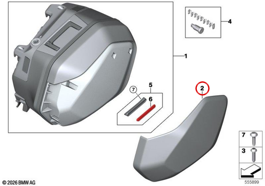 Tapa de maleta izquierda blanca OEM 77415B44DE3 para motos BMW R 1300 R, R 1300 RS. Original BMW Motorrad.