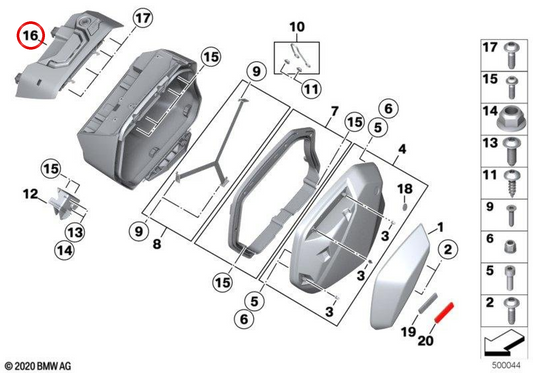 Soporte mecánico de maleta izquierdo OEM 77418414357 para motos BMW S 1000 XR K69 2020-2025. Original BMW Motorrad.