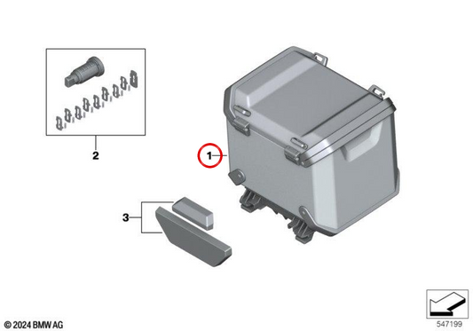 Top case eletrificado em alumínio prateado 37 L OEM 77435B75C16 para motos BMW R 1300 GS Adventure. Original BMW Motorrad.