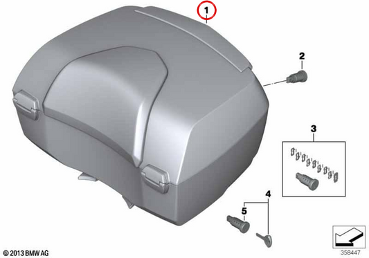 Topcase traseiro 49 l alumínio branco metalizado mate OEM 77438544630 para motos BMW R 1200 RT, R 1250 RT, K 1600 GT, K 1600 GTL Original BMW Motorrad