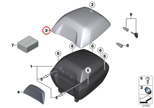 Carénage extérieur pour couvercle supérieur topcase 30 l gris granit métallisé OEM 77438553127 pour motos BMW C 400 GT, C 400 X, G 310 GS, G 310 R, R 1200 R, R 1200 RS, S 1000 XR... et plus. Original BMW Motorrad