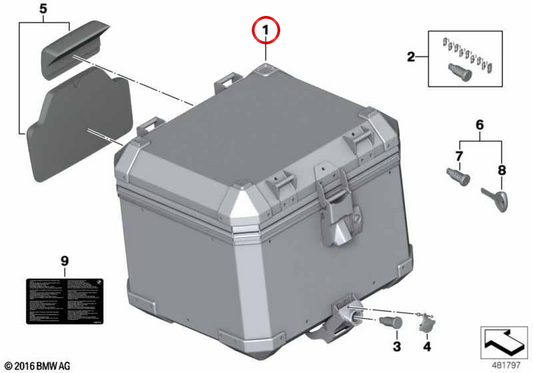 Topcase en aluminium OEM 77438566446 pour motos BMW R 1200 GS Adventure, F 800 GS, F 800 GS Adventure... et plus encore. BMW Motorrad d'origine.