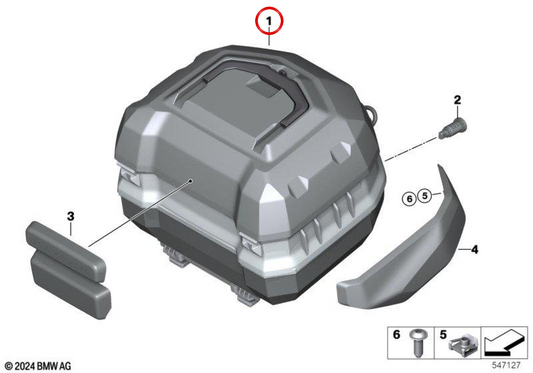 Cofre superior eletrificado 43,5 L preto OEM 77438829760 para motos BMW C 400 GT (K08), C 400 X (K09). Original BMW Motorrad.