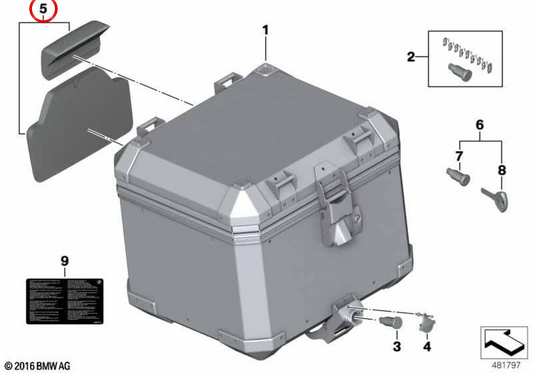 Set di cuscini schienale posteriore per top case in alluminio nero OEM 77448546808 per moto BMW F 800 GS, F 850 GS, F 900 GS, R 1200 GS, R 1250 GS... e altro. Originale BMW Motorrad