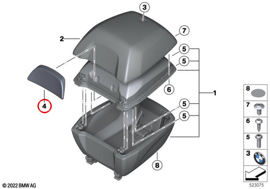 Almofada traseira para case superior OEM pequeno 77448549334 para BMW R 1200 R, R 1250 R, S 1000 XR, F 900 R, C 400 GT ... e muito mais. BMW Motorrad original.