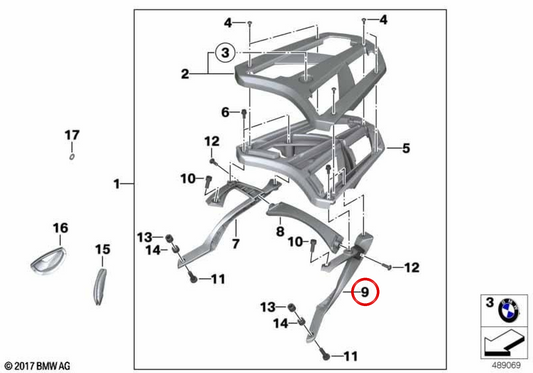 Left luggage rack bridge support OEM 77448564285 for BMW C Evolution, C 600 Sport, C 650 Sport motorcycles. Original BMW Motorrad.