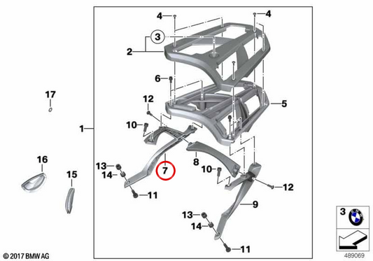Right luggage rack bridge support OEM 77448564286 for BMW Motorrad C evolution (K17), C 600 Sport (K18), C 650 Sport (K18). Original BMW Motorrad.