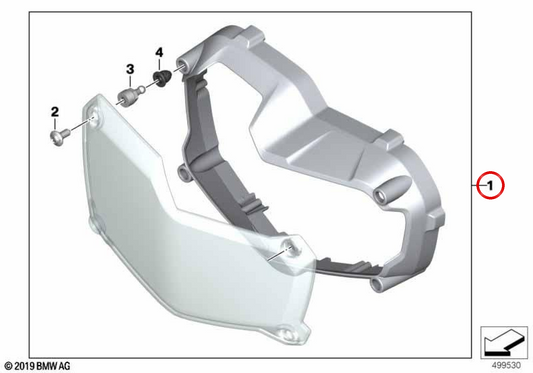 Front LED headlight protector OEM 77512465273 for BMW Motorrad F 750 GS, F 800 GS, F 850 GS, F 900 GS, F 850 GS Adventure, F 900 GS Adventure. Original BMW Motorrad.